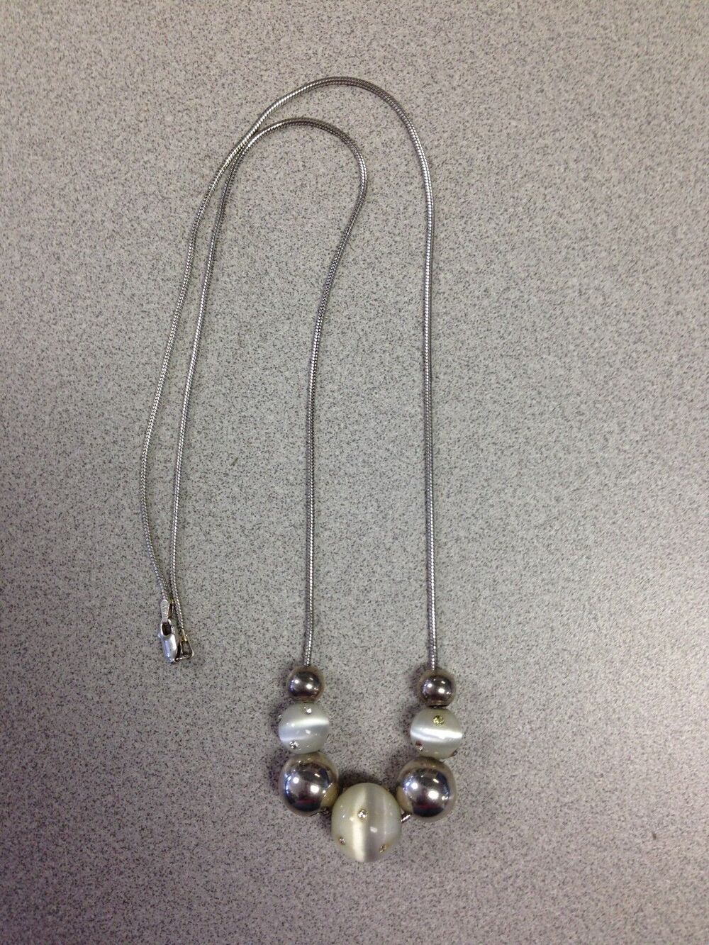Vintage Sterling Silver Glass Bead Necklace 24" Venetian Chain Rhinestone